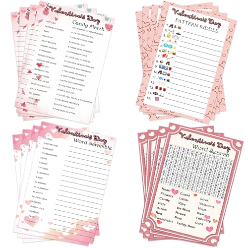 MLOLM 25 Players Valentines Party Games Cards Set Includes Word Search Word Scramble Pictionary Candy Match Games with Answer Key Perfect for Adults Family Office Large Group Party Activities - Image 1