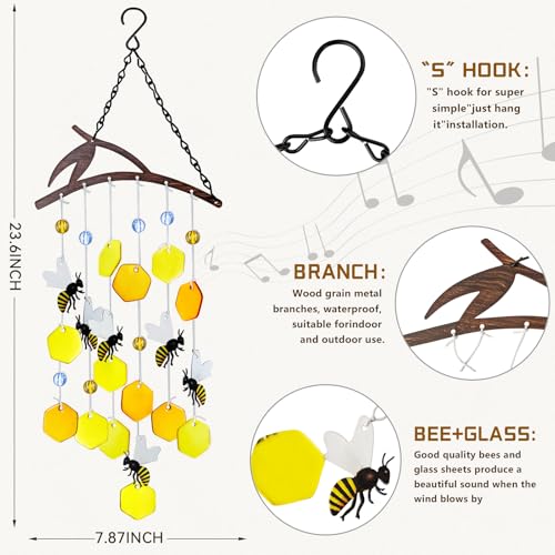 X-PREK XPREK 23 Bees Wind Chimes for Outside Unique Stained Glass Wind Chimes Garden Decor Windchimes Outdoors Suncatcher Gift for Women Mom Grandma Unisex - Image 3