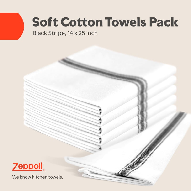 Zeppoli Classic Kitchen Towels - 15 Pack 100% Natural Cotton Kitchen Towel Set, Reusable Wash Cloths, Absorbent Dish Towels, Machine Washable Hand Towels, Kitchen Essentials, 14â€ x 25â€, Black Striped - Image 2