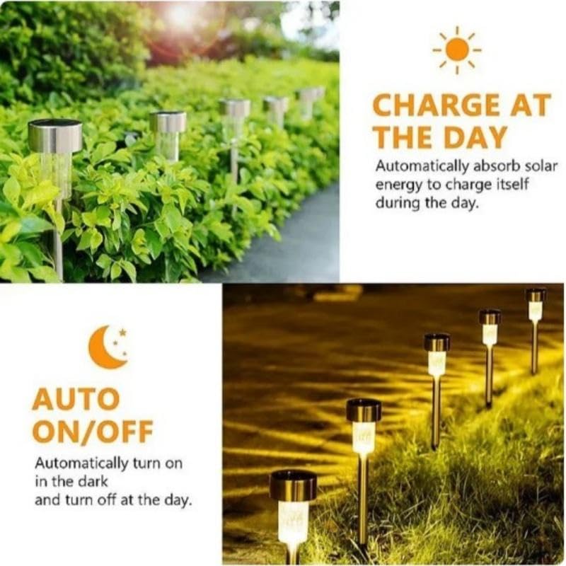 AAOVEFOX Pack 10 Best Solar Landscap Light Garden Lights Waterproof, Stainless Steel LED Landscape Lighting Outdoor Solar Lights for Yard, Pathway, Walkway, Patio, Lawn (Warm Yellow) - Image 3