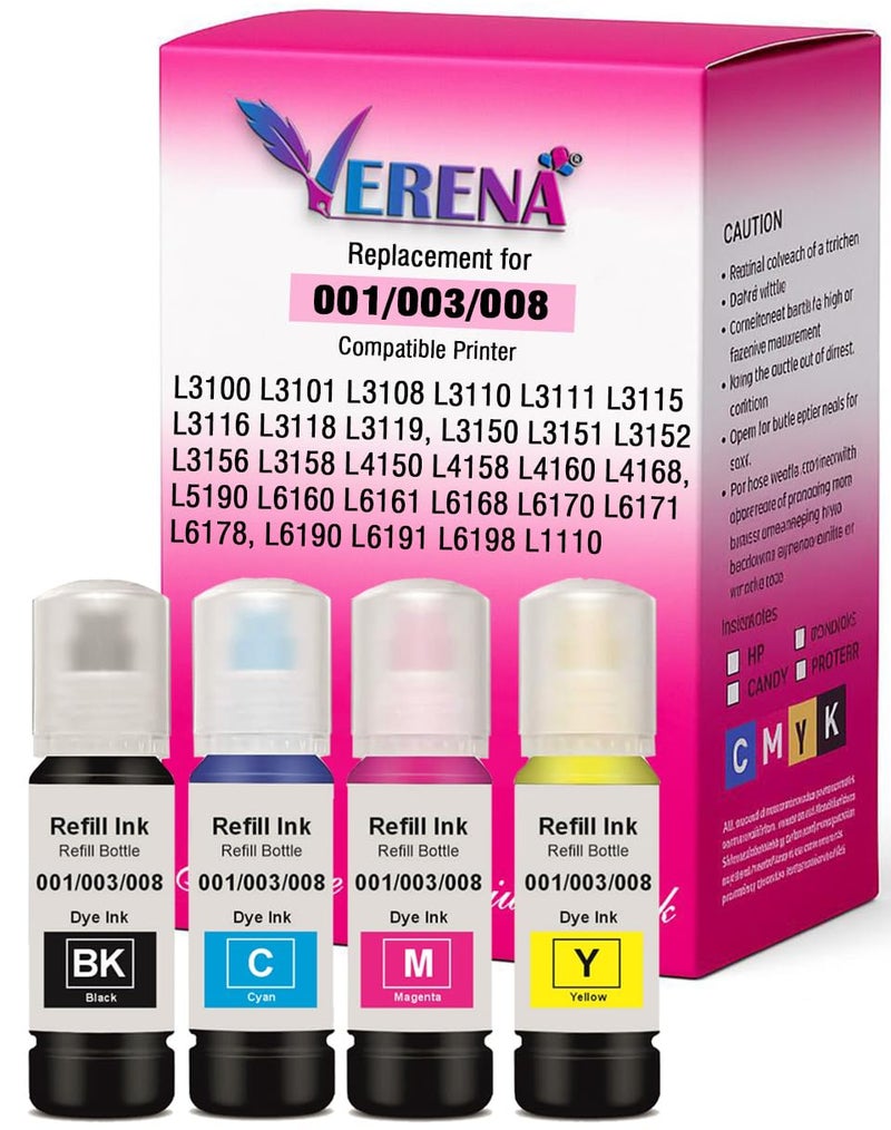 Verena 003 Refill Ink for Epson L3110, L3150, L3250, L3252 L3115, L3116, L3101, L3210, L3215, L3216, L3151, L3152, L3156, L5190 Printer (Pack of 4) - Image 1