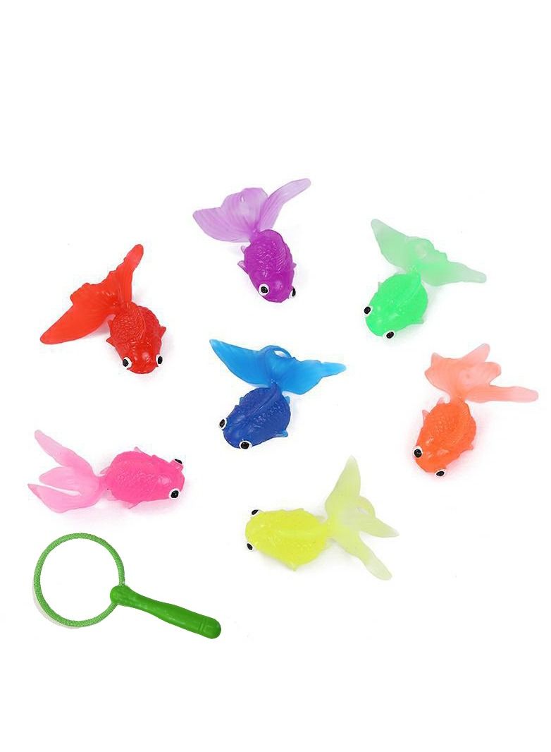 8Pcs Baby Bath Toys, Spoon Net Fish Pond Toys, Simulation Soft Rubber Goldfish 6cm Soft Floating Bath Fish Fishing Toys Translucent Eco-Friendly Material