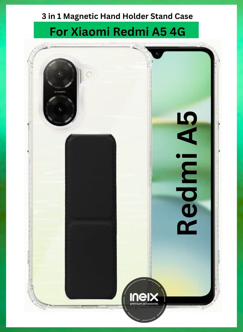 إينيكس جراب حماية شفاف 3 في 1 مغناطيسي ذو مسند للهاتف  شاومي ريدمي A5 4G-شفاف/أسود - Image 1