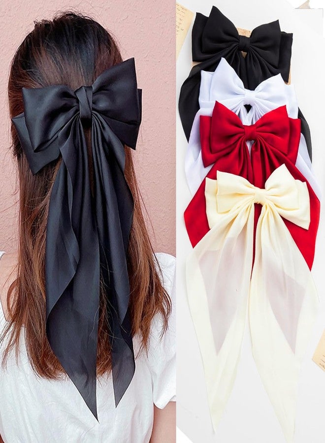 Seneeel Hair Bows 4 PCS, Hair Bows for Women, Hair Ribbons, Oversized Long-tail Cute Aesthetic Hair Accessories, Large Hair Barrettes for Women, Bows for Girls (Wine red, off white, black, white) - Image 1