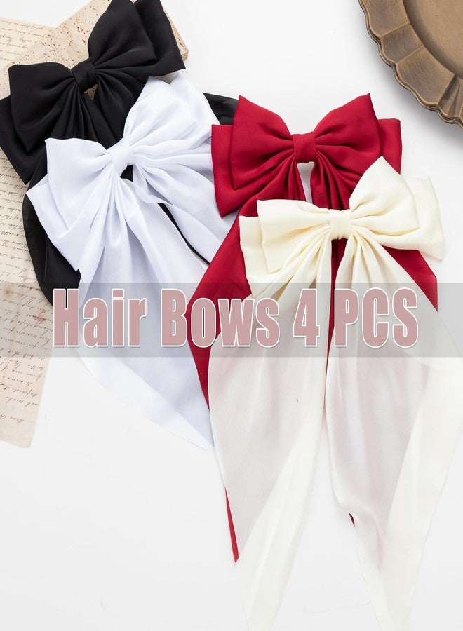 Seneeel Hair Bows 4 PCS, Hair Bows for Women, Hair Ribbons, Oversized Long-tail Cute Aesthetic Hair Accessories, Large Hair Barrettes for Women, Bows for Girls (Wine red, off white, black, white) - Image 3
