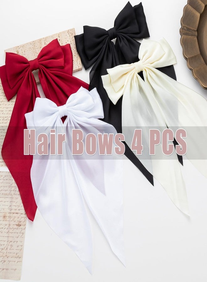 Seneeel Hair Bows 4 PCS, Hair Bows for Women, Hair Ribbons, Oversized Long-tail Cute Aesthetic Hair Accessories, Large Hair Barrettes for Women, Bows for Girls (Wine red, off white, black, white) - Image 4