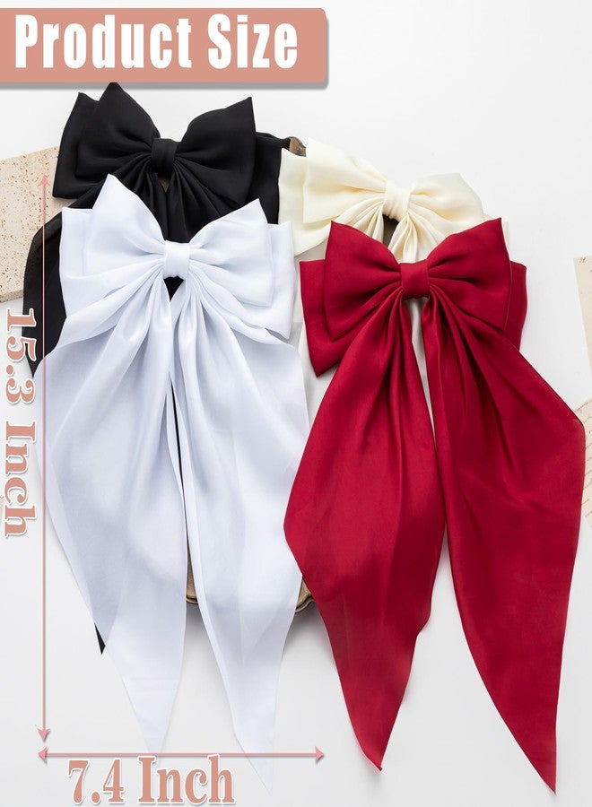 Seneeel Hair Bows 4 PCS, Hair Bows for Women, Hair Ribbons, Oversized Long-tail Cute Aesthetic Hair Accessories, Large Hair Barrettes for Women, Bows for Girls (Wine red, off white, black, white) - Image 2