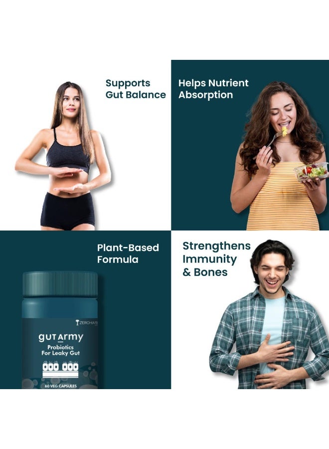 ZEROHARM Gut Army Probiotics For Leaky Gut | Gut Repair Supplements for Men & Women | L Reuteri, Lactobacillus | Supports Gastrointestinal Lining, Gut Cleanse & Digestion | 60 Veg Capsules - Image 2