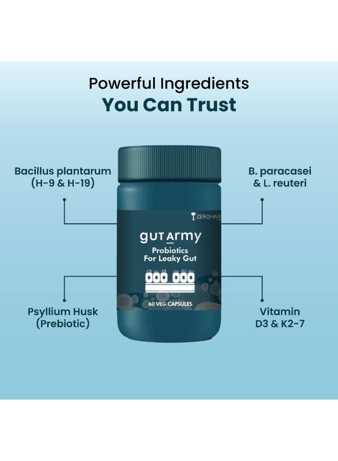 ZEROHARM Gut Army Probiotics For Leaky Gut | Gut Repair Supplements for Men & Women | L Reuteri, Lactobacillus | Supports Gastrointestinal Lining, Gut Cleanse & Digestion | 60 Veg Capsules - Image 3