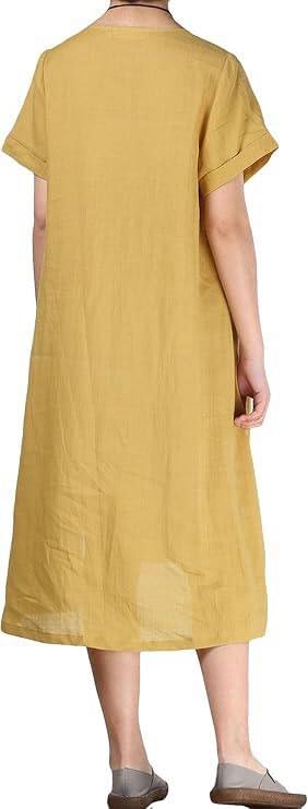 Minibee Women's Embroidered Linen Dress Summer A-Line Sundress Hi Low Tunic Clothing Yellow M - Image 4