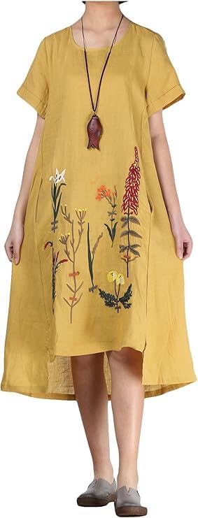 Minibee Women's Embroidered Linen Dress Summer A-Line Sundress Hi Low Tunic Clothing Yellow M - Image 2