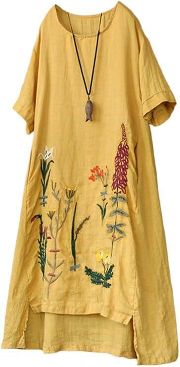 Minibee Women's Embroidered Linen Dress Summer A-Line Sundress Hi Low Tunic Clothing Yellow M - Image 1