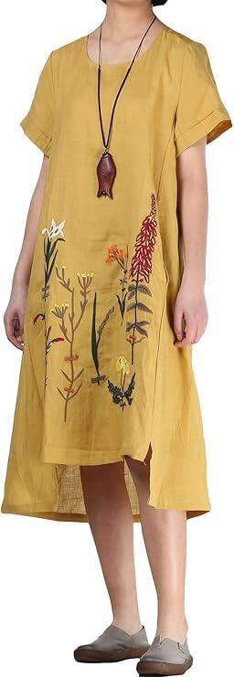 Minibee Women's Embroidered Linen Dress Summer A-Line Sundress Hi Low Tunic Clothing Yellow M - Image 3