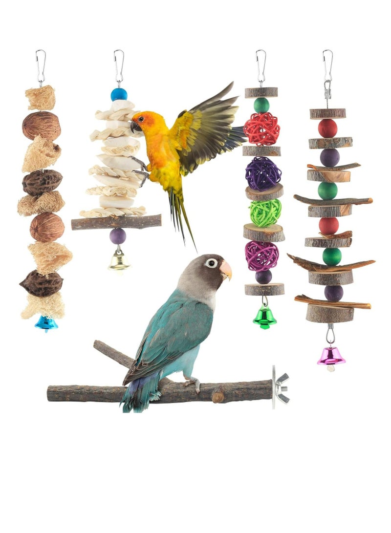 FengSVMA Bird Chew Toys Parakeet Natural Wood Toys Parrot Hanging Cage Toy Bird Perch Stand for Small Bird Conure Cockatiel Parrotlet Lovebird Budgie 5 Packs - Image 1