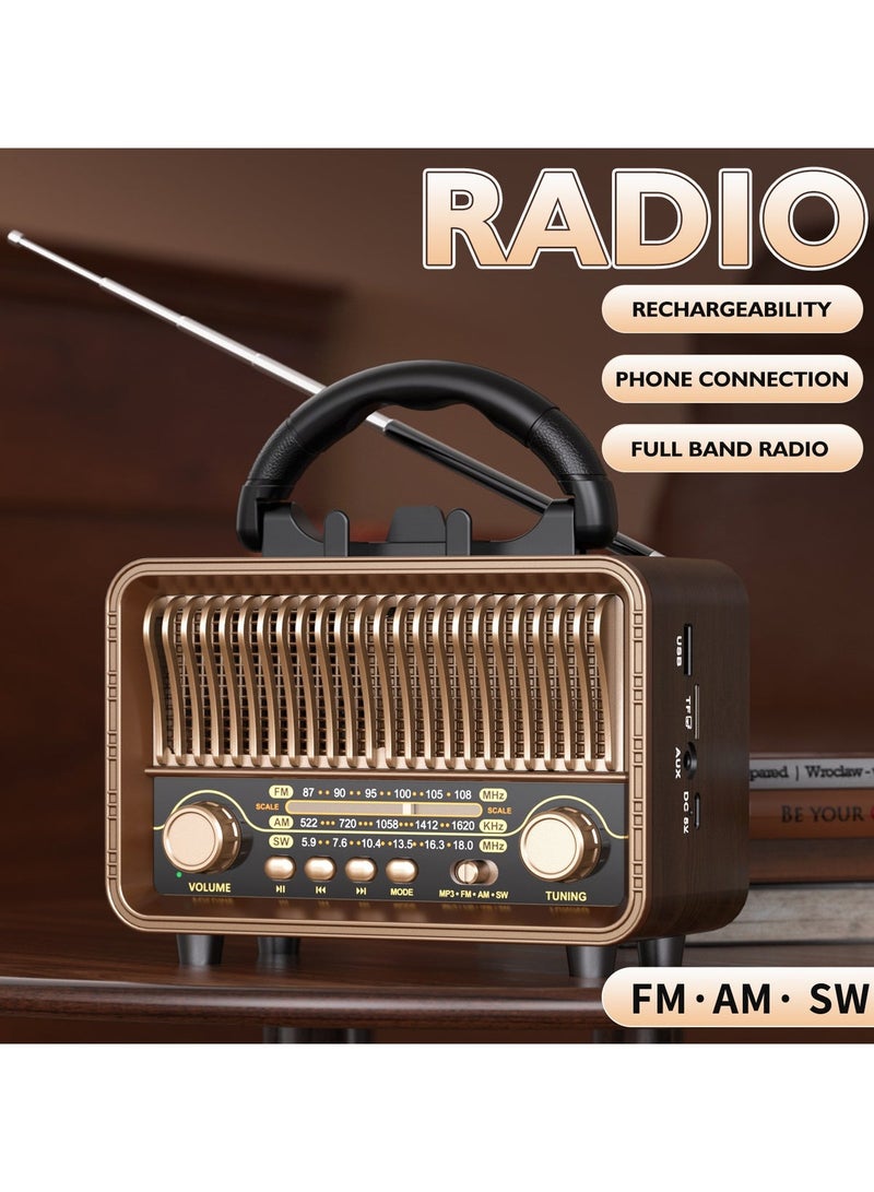 Retro Vintage FM AM SW Radio with Bluetooth Speaker, Portable & Rechargeable