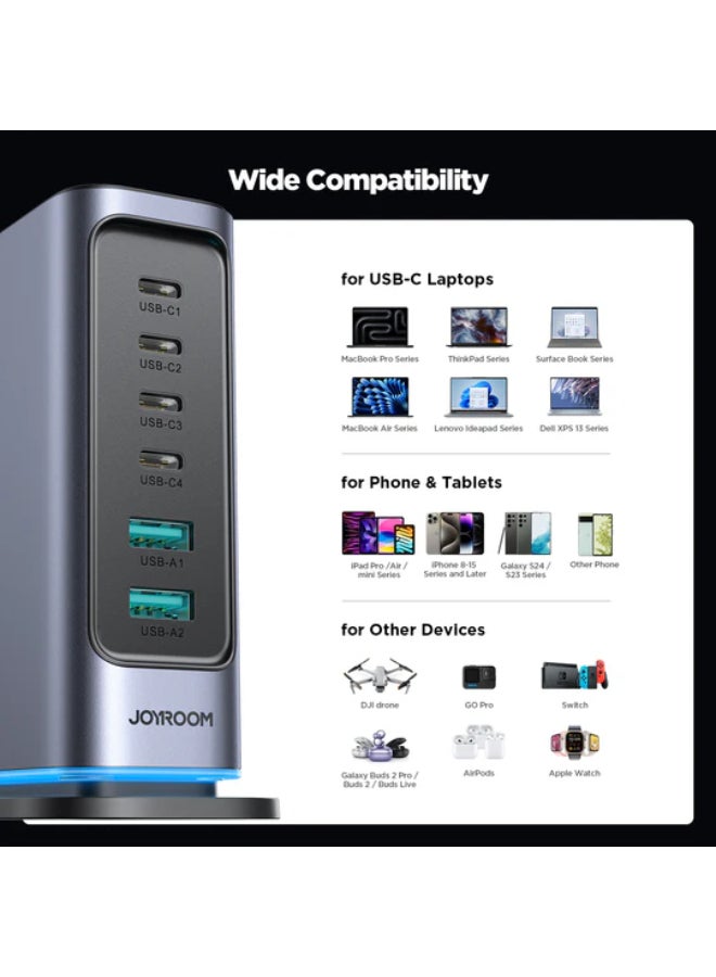 جوي روم شاحن Jr‑Tcm02 متعدد المنافذ بقوة 65 واط Gan - شحن سريع 4 منافذ USB-C + منفذي USB-A، شحن متزامن لـ 6 أجهزة، Pps 3.3-21 فولت، كفاءة Gan، كابل قابل للفصل بطول 1.5 متر، USB-C Pd وQc آمن باللون الأسود أسود - Image 4