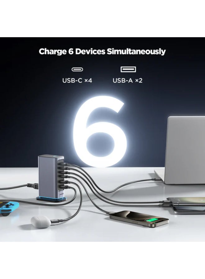 جوي روم شاحن Jr‑Tcm02 متعدد المنافذ بقوة 65 واط Gan - شحن سريع 4 منافذ USB-C + منفذي USB-A، شحن متزامن لـ 6 أجهزة، Pps 3.3-21 فولت، كفاءة Gan، كابل قابل للفصل بطول 1.5 متر، USB-C Pd وQc آمن باللون الأسود أسود - Image 3