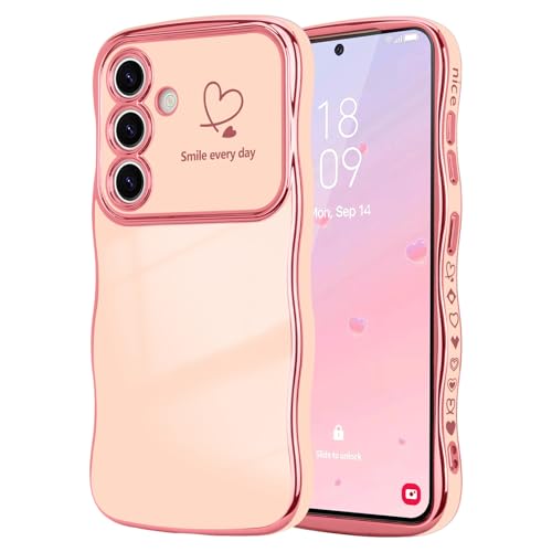 LCHULLE for Samsung Galaxy S24 Case for Women Girls Cute Wave Frame Curly Shape with Love Heart Raised Camera Protection Cover Luxury Plating Shockproof Phone Case for Galaxy S24 5G Pink - Image 1