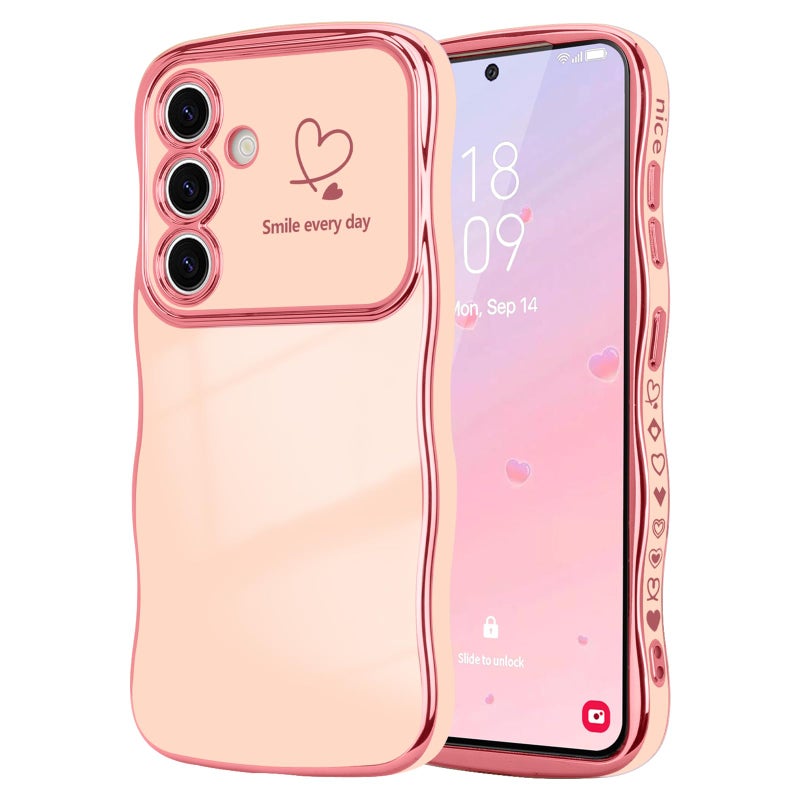 LCHULLE for Samsung Galaxy S24 Case for Women Girls Cute Wave Frame Curly Shape with Love Heart Raised Camera Protection Cover Luxury Plating Shockproof Phone Case for Galaxy S24 5G Pink - Image 3
