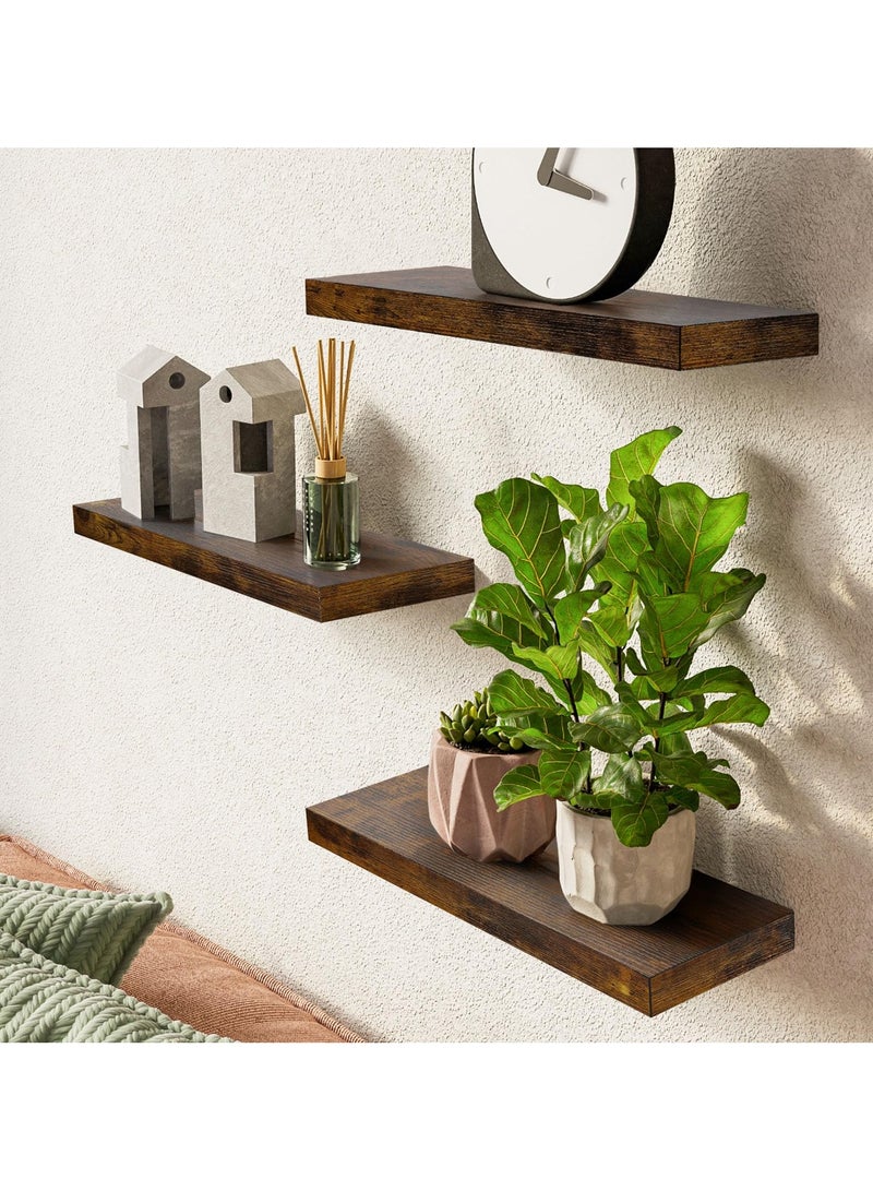 SILADEFU Rustic Wooden Wall Floating Shelves Set of 3 Brown 40cm Wall-Mounted Storage Shelves for Bathroom Bedroom Living Room Kitchen Books Display Home Organization - Image 5