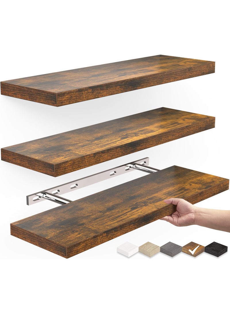 SILADEFU Rustic Wooden Wall Floating Shelves Set of 3 Brown 40cm Wall-Mounted Storage Shelves for Bathroom Bedroom Living Room Kitchen Books Display Home Organization - Image 1