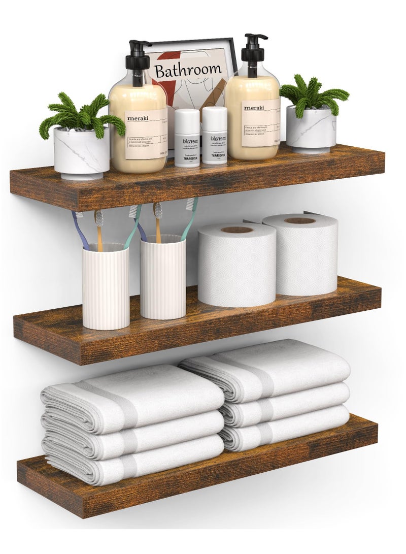 SILADEFU Rustic Wooden Wall Floating Shelves Set of 3 Brown 40cm Wall-Mounted Storage Shelves for Bathroom Bedroom Living Room Kitchen Books Display Home Organization - Image 2
