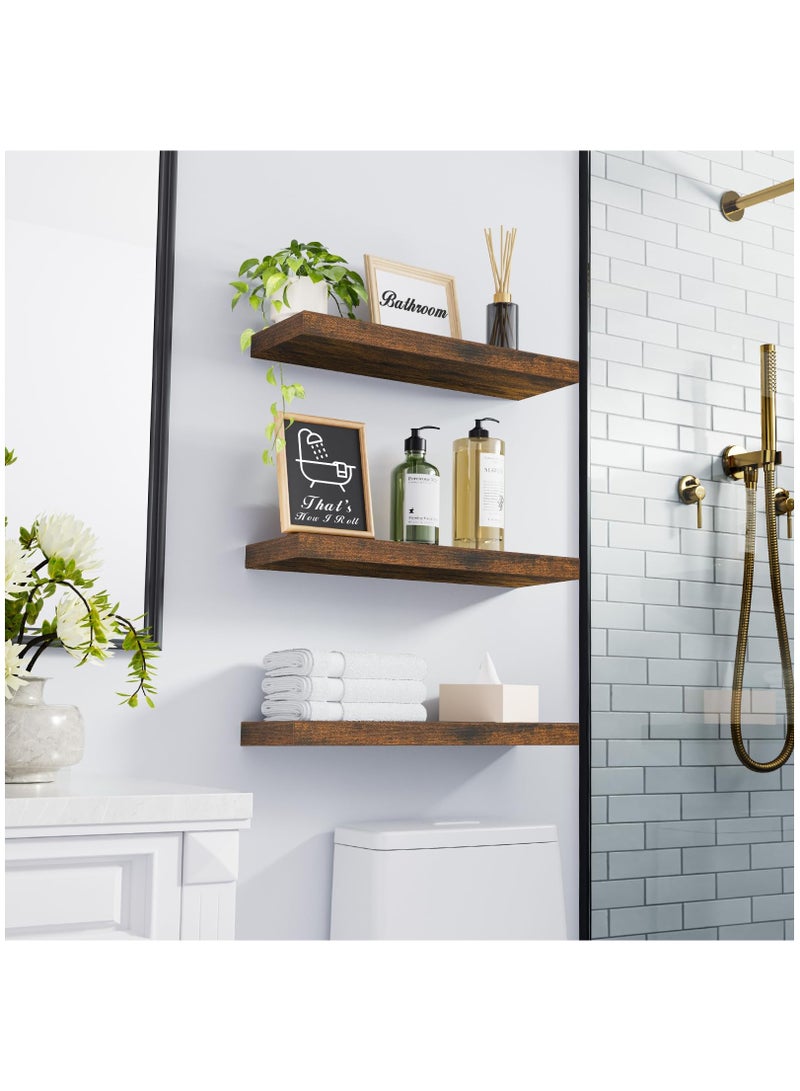 SILADEFU Rustic Wooden Wall Floating Shelves Set of 3 Brown 40cm Wall-Mounted Storage Shelves for Bathroom Bedroom Living Room Kitchen Books Display Home Organization - Image 3
