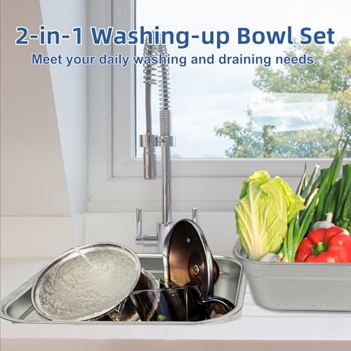 YEXEXINM 2-in-1 Stainless Steel Washing Up Bowl Set, 12.8" Sturdy Square Dish Tub with Colander, Fruit Vegetable Washing Basin for Sink, Food Grade Dishpan for Draining Rice, Pasta, Food Strainer Mixing Bowl - Image 5