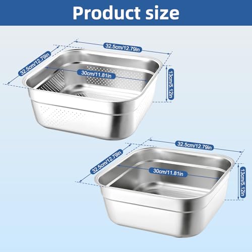 YEXEXINM 2-in-1 Stainless Steel Washing Up Bowl Set, 12.8" Sturdy Square Dish Tub with Colander, Fruit Vegetable Washing Basin for Sink, Food Grade Dishpan for Draining Rice, Pasta, Food Strainer Mixing Bowl - Image 2
