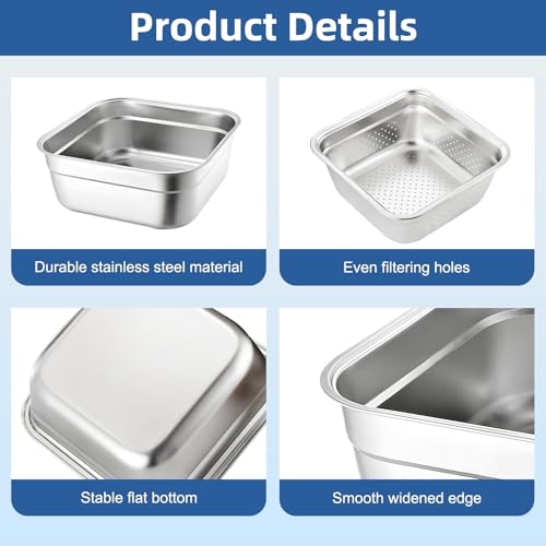 YEXEXINM 2-in-1 Stainless Steel Washing Up Bowl Set, 12.8" Sturdy Square Dish Tub with Colander, Fruit Vegetable Washing Basin for Sink, Food Grade Dishpan for Draining Rice, Pasta, Food Strainer Mixing Bowl - Image 3
