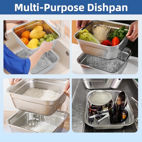 YEXEXINM 2-in-1 Stainless Steel Washing Up Bowl Set, 12.8" Sturdy Square Dish Tub with Colander, Fruit Vegetable Washing Basin for Sink, Food Grade Dishpan for Draining Rice, Pasta, Food Strainer Mixing Bowl - Image 4