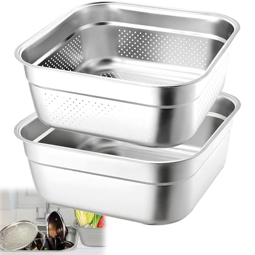 YEXEXINM 2-in-1 Stainless Steel Washing Up Bowl Set, 12.8" Sturdy Square Dish Tub with Colander, Fruit Vegetable Washing Basin for Sink, Food Grade Dishpan for Draining Rice, Pasta, Food Strainer Mixing Bowl - Image 1