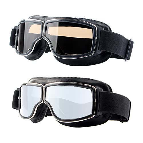 LJDJ Motorcycle Goggles,2 Pack Vintage Anti Fog Pilot PU Leather Glasses Dustproof ATV Off Road Motorbike Helmet Eyewear Protect for Ridding Motorcross Classes Aviator Goggles for Men Women Adult - Image 1