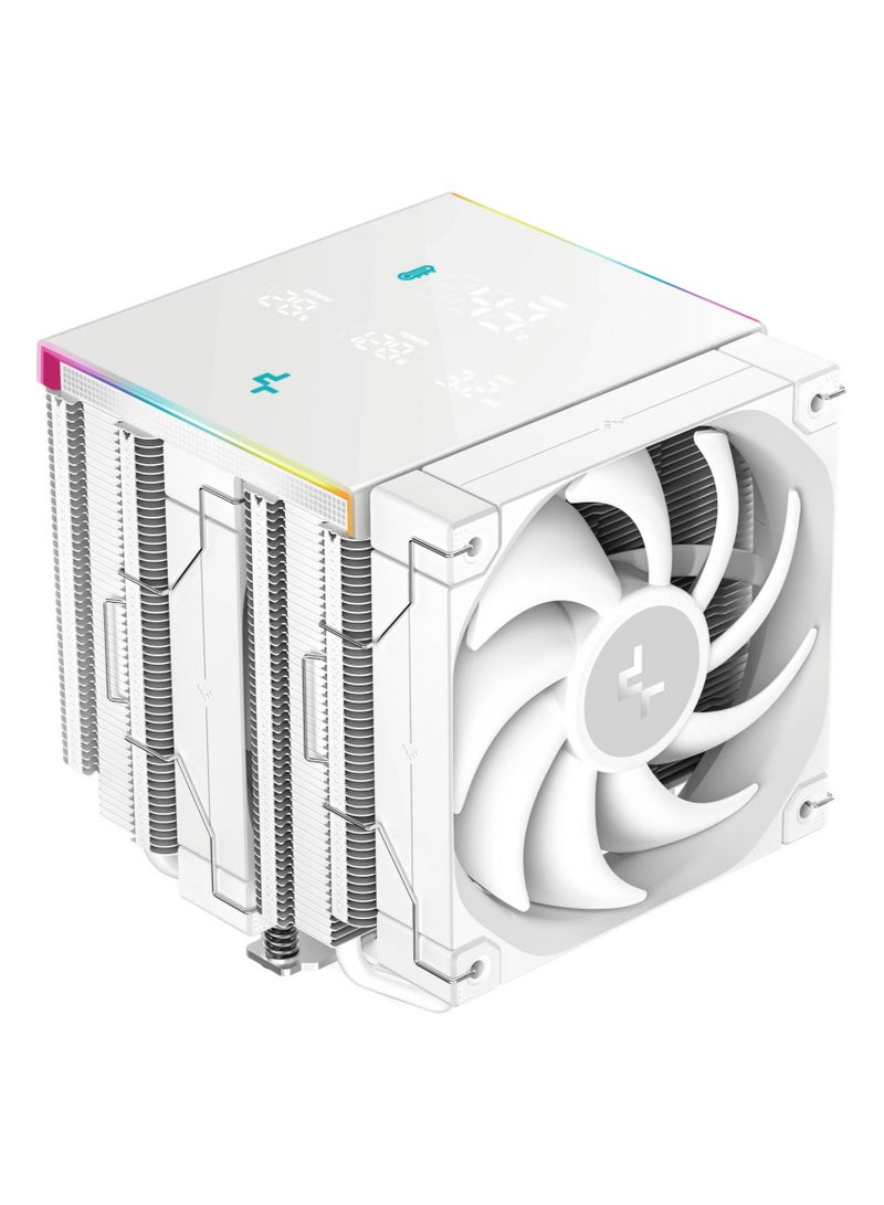 ديب كول مبرد هواء AK620 Digital Pro أبيض ثنائي البرج لوحدة المعالجة المركزية، مزود بشاشة رقمية متعددة الخطوط، ومروحتين FDB مقاس 120 مم، و6 أنابيب حرارية، وإضاءة ARGB، وغطاء علوي مغناطيسي، ويدعم Intel وAMD، وسرعات تتراوح بين 500 و1750 دورة في الدقيقة، لون أبيض | R-AK620-WHAPMN-G - Image 1