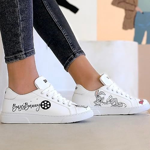 DOGO White Sneakers for Women Handmade Womens Fashion Sneakers Vegan Leather and Unique Design Comfortable Shoes for Women Ace Sneakers Whats Up Doc Bugs Bunny Design Size 55 - Image 3