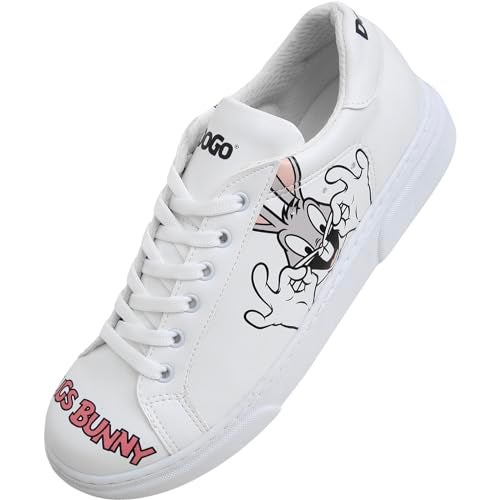 DOGO White Sneakers for Women Handmade Womens Fashion Sneakers Vegan Leather and Unique Design Comfortable Shoes for Women Ace Sneakers Whats Up Doc Bugs Bunny Design Size 55 - Image 1