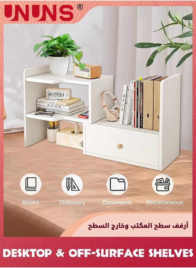 UNUNS - Desktop Shelf Bookshelf,Adjustable with Drawers Desktop Shelves Rack Storage Organizer,Wood Countertop Bookcase Storage Display Rack,Art Office Supplies,White - Image 1