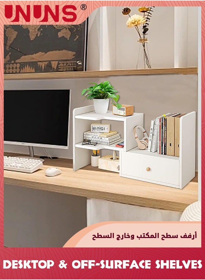UNUNS - Desktop Shelf Bookshelf,Adjustable with Drawers Desktop Shelves Rack Storage Organizer,Wood Countertop Bookcase Storage Display Rack,Art Office Supplies,White - Image 1