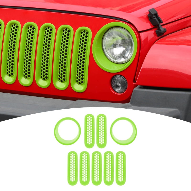 PDKLIN for Jeep JK Front Grille Inserts  Headlight Cover Trim Ring for Jeep Wrangler JK JKU 20072017 Green Exterior Accessories 9pcs