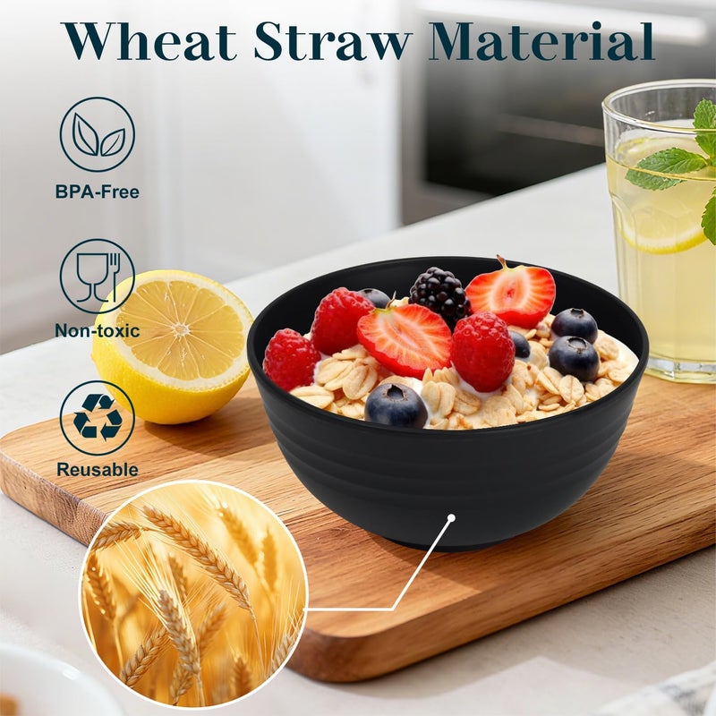 BUSOKIP Cereal Bowls 26 OZ, Unbreakable Wheat Straw Bowl 8 PCS, Reusable Plastic Bowl Set, Microwave and Dishwasher Safe Kitchen bowls for Serving, Dinner, Soup, Snack, Fruit - Black - Image 3