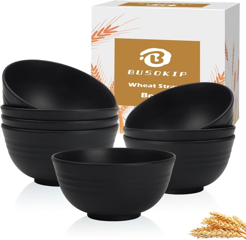 BUSOKIP Cereal Bowls 26 OZ, Unbreakable Wheat Straw Bowl 8 PCS, Reusable Plastic Bowl Set, Microwave and Dishwasher Safe Kitchen bowls for Serving, Dinner, Soup, Snack, Fruit - Black - Image 1