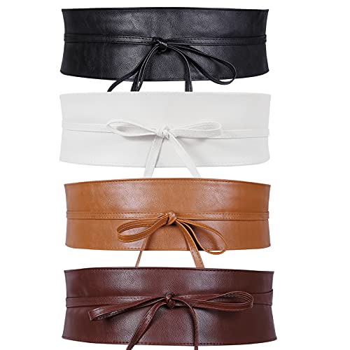 Werforu 4 Pack WERFORU Women Obi Belt PU Leather Self Tie Wrap Wide Waistband Boho Belt for Costumes, Black+White+Brown+Coffee, Suit for Waist Size 33"-38" - Image 1