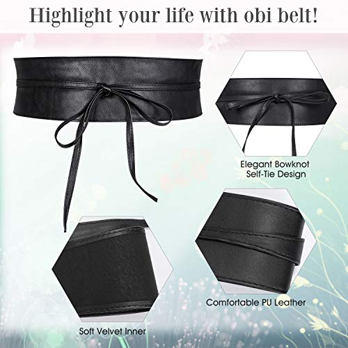 Werforu 4 Pack WERFORU Women Obi Belt PU Leather Self Tie Wrap Wide Waistband Boho Belt for Costumes, Black+White+Brown+Coffee, Suit for Waist Size 33"-38" - Image 2