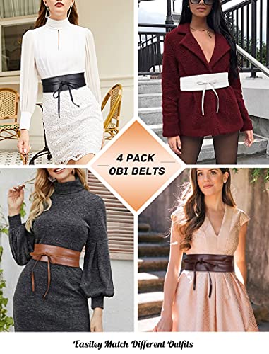 Werforu 4 Pack WERFORU Women Obi Belt PU Leather Self Tie Wrap Wide Waistband Boho Belt for Costumes, Black+White+Brown+Coffee, Suit for Waist Size 33"-38" - Image 3