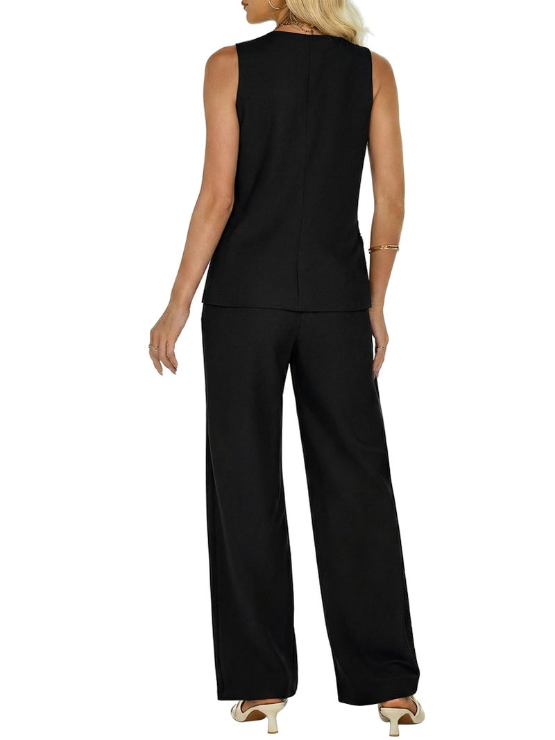 Funlingo Women's Two Piece Outfits Spring Dressy Sleeveless Vest Blazer Wide Leg Pantsuit Set Business Professional Outfits Work Clothing Sets Black M - Image 2