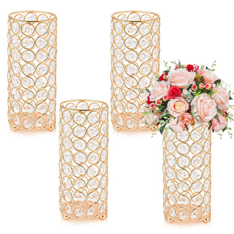 kolnlala Elegant Crystal Column Vase/Candle Holder, Cylinder Flower Display Tabletop Centerpiece for Weddings & Home Decor (4, Gold) - Image 1