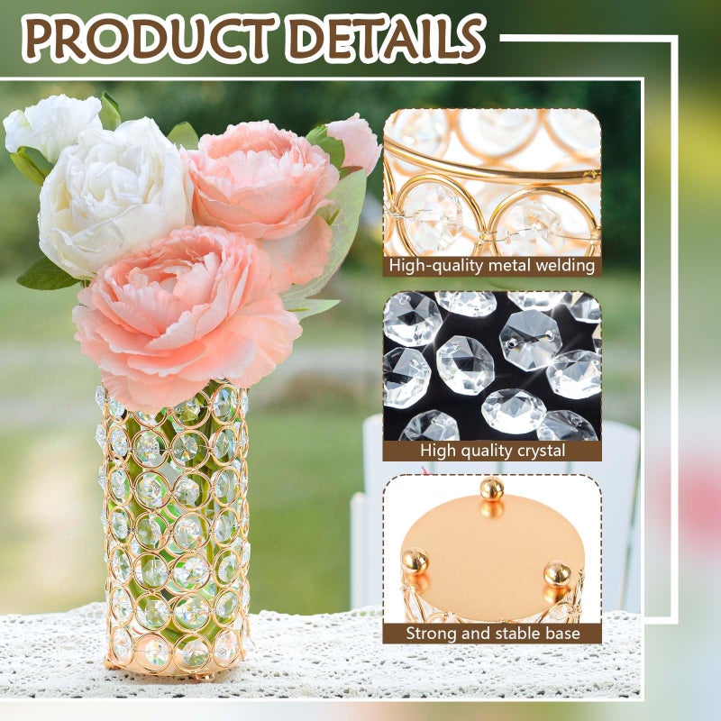 kolnlala Elegant Crystal Column Vase/Candle Holder, Cylinder Flower Display Tabletop Centerpiece for Weddings & Home Decor (4, Gold) - Image 3