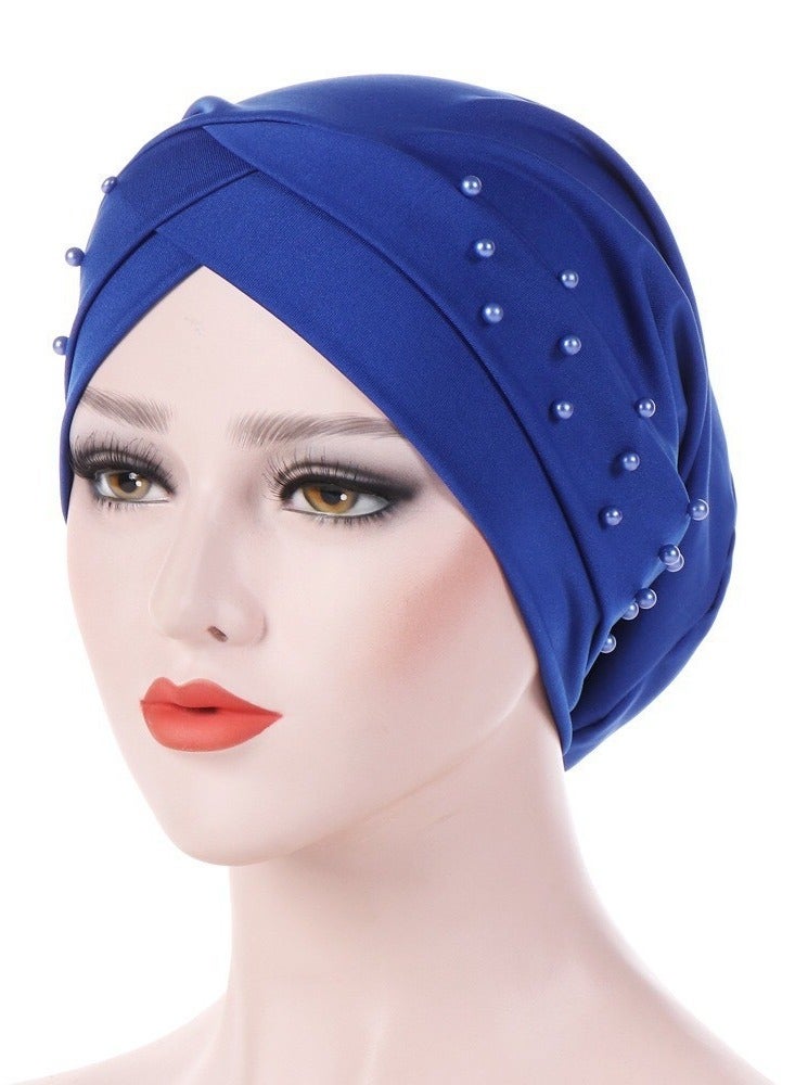 Women Beads Elastic Turban Hat Muslim Hijab Head Wrap,Blue  - Image 1