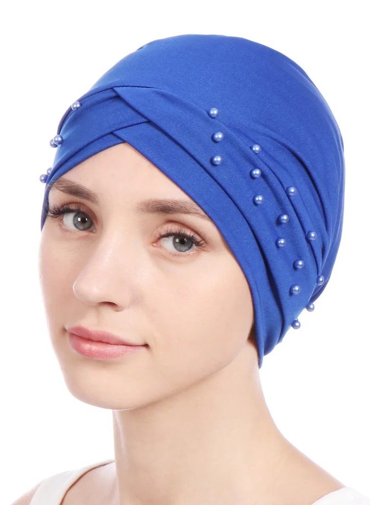Women Beads Elastic Turban Hat Muslim Hijab Head Wrap,Blue  - Image 3