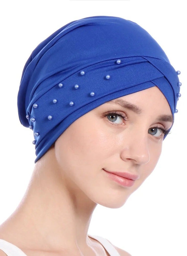 Women Beads Elastic Turban Hat Muslim Hijab Head Wrap,Blue  - Image 5